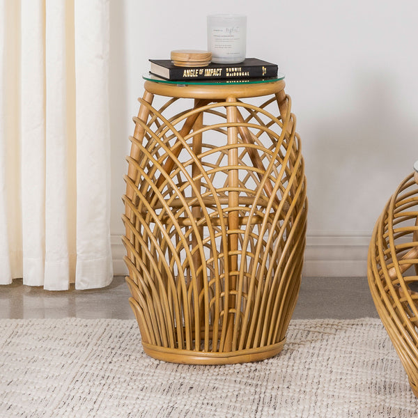 Dahlia Round Glass Top Woven Rattan End Table Natural Brown image