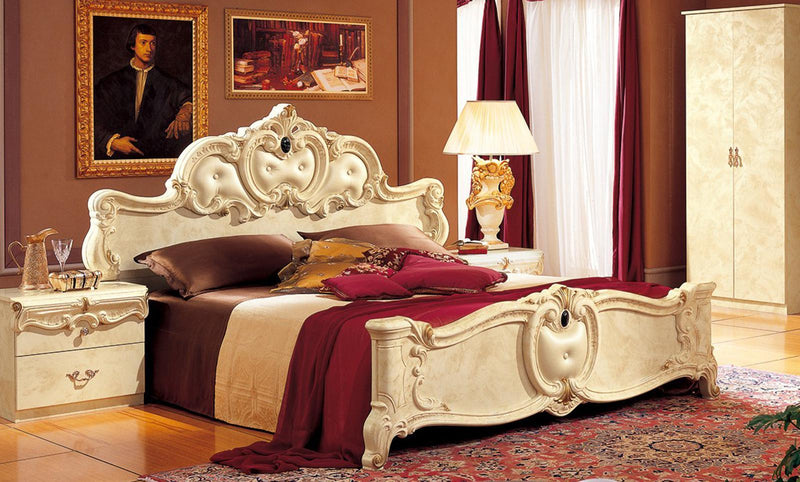 ESF Furniture Barocco King Leather Panel Bed in Ivory