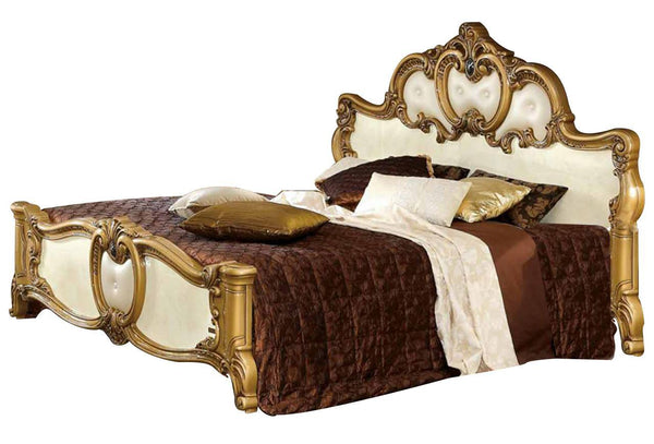 ESF Furniture Barocco Queen Leather Panel Bed in Ivory w/ Gold image