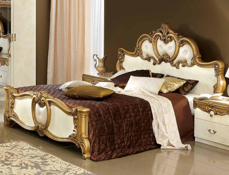 ESF Furniture Barocco King Leather Panel Bed in Ivory w/ Gold