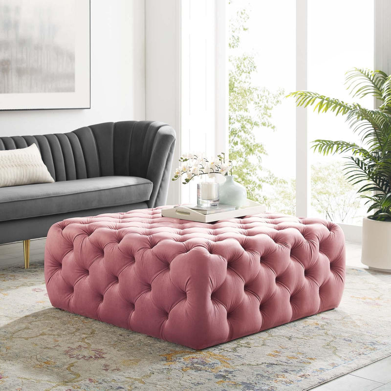 Amour Tufted Button Large Square Performance Velvet Ottoman