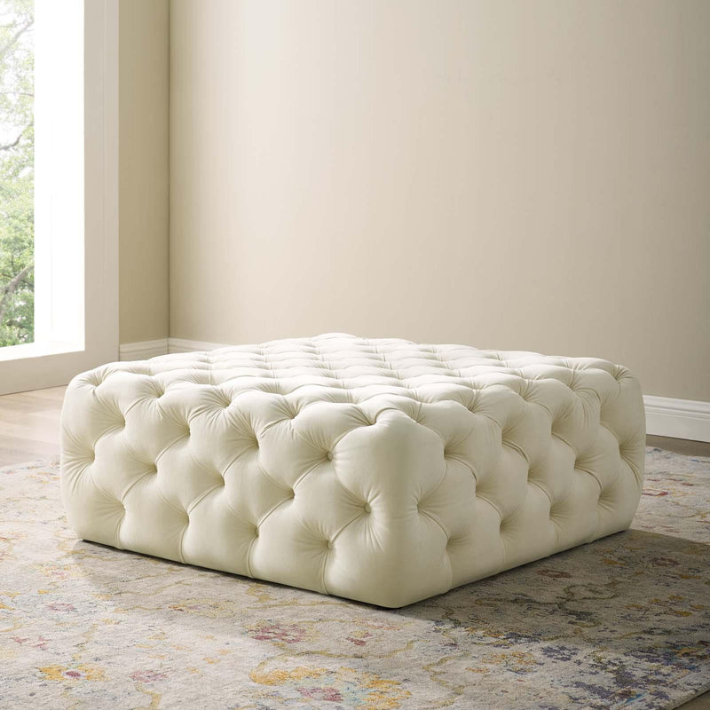 Amour Tufted Button Large Square Performance Velvet Ottoman