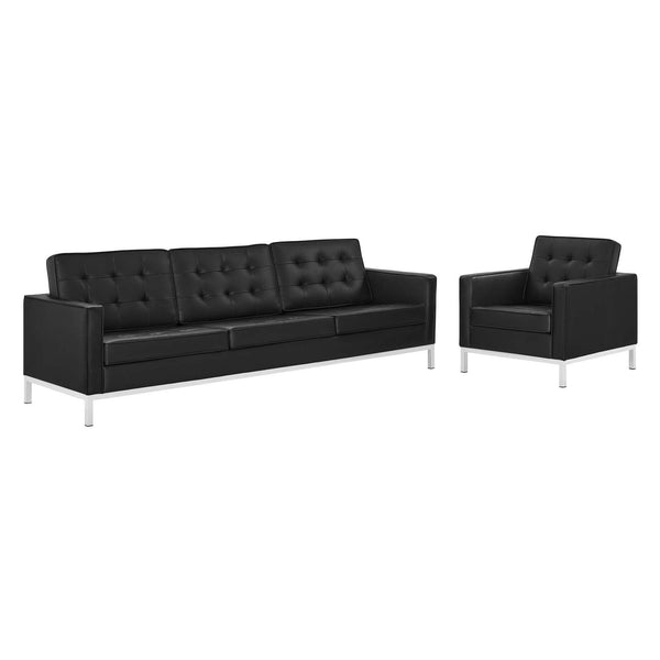 Loft Tufted Upholstered Faux Leather Sofa and Armchair Set image