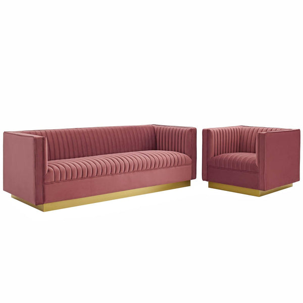 Sanguine Vertical Channel Tufted Upholstered Performance Velvet Sofa and Armchair Set image
