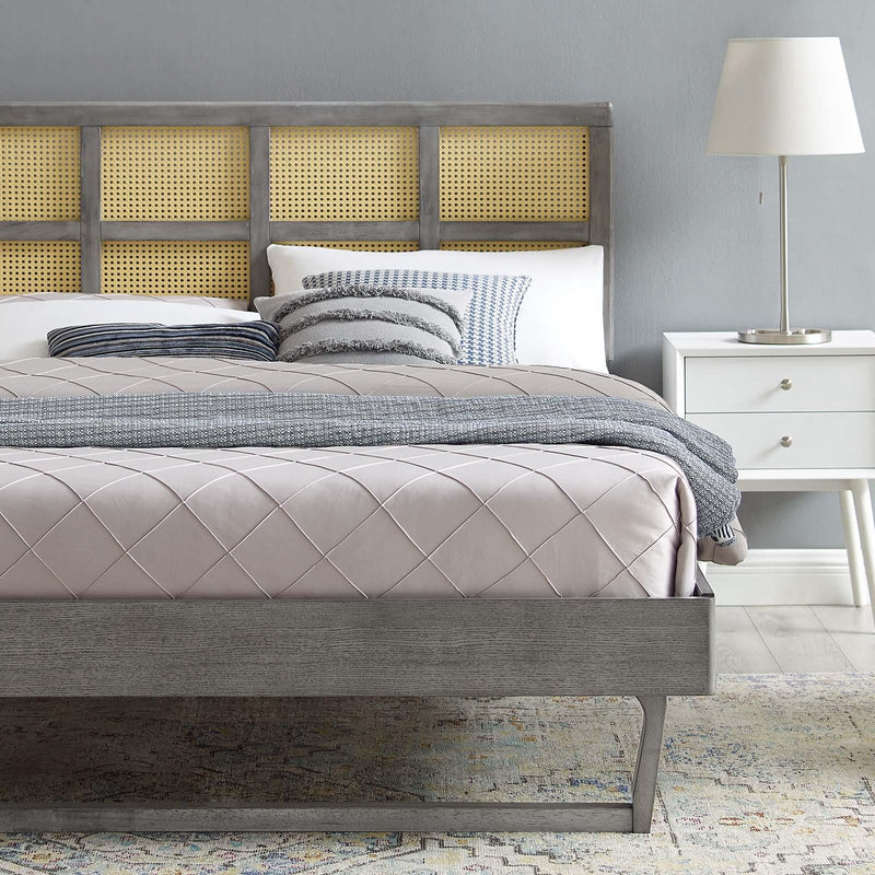 Sidney Cane and Wood Queen Platform Bed With Angular Legs