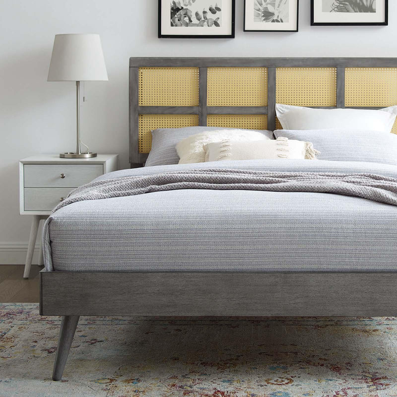 Sidney Cane and Wood Queen Platform Bed With Splayed Legs