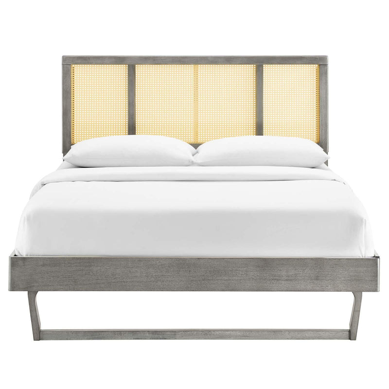 Kelsea Cane and Wood Full Platform Bed With Angular Legs